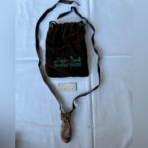 Stephen Dweck Boulder Opal Brown Leather and Bronze Butterfly Pendant Necklace - Picture 2 of 12